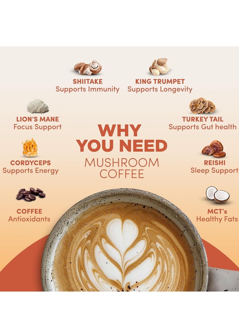 Ryze Organic Mushroom Coffee Instant Powder with 6 Adaptogenic Mushrooms (Lion's Mane, Turkey Tail, Shiitake, Reishi, Chaga, Cordyceps)  MCT Oil for Energy Boost, Mental Focus, Digestion  Immunity Support – 180g, Vegan, Gluten-Free, Non-GMO - Image 2
